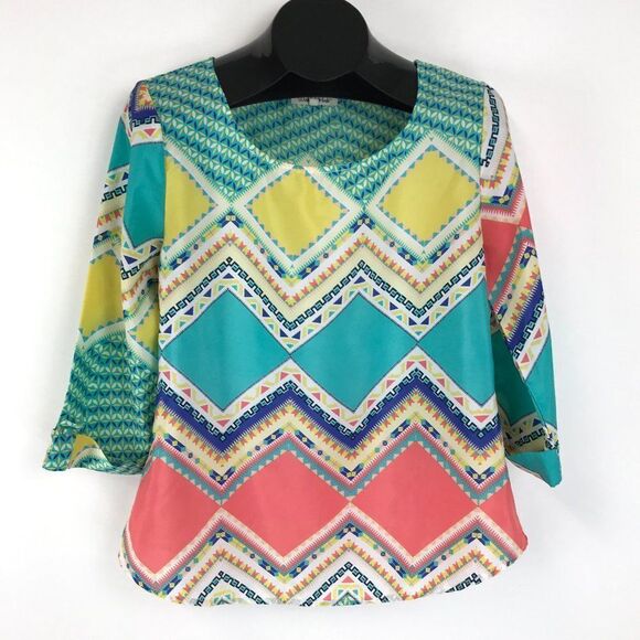 Wishful Park Scoop Neck Blouse Women's Small Chevron Geometric 3/4 Sleeves Sheer - Picture 1 of 10
